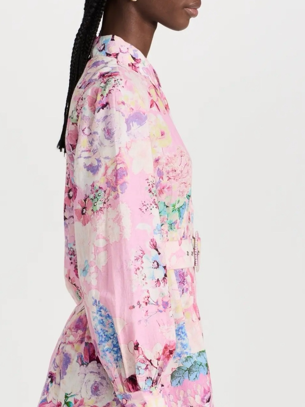 HEMANT & NANDITA Pastel Pink Floral Button-Front Long-Sleeve Dress with Belt - Picture 3 of 5